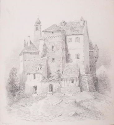 Pencil drawing of castle-like house