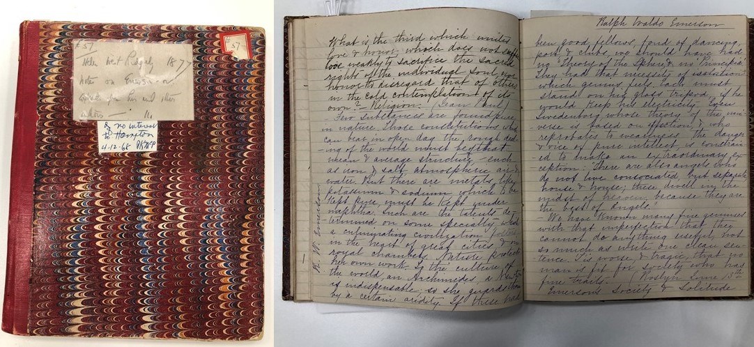 red cover of book with yellowish papers and black writing