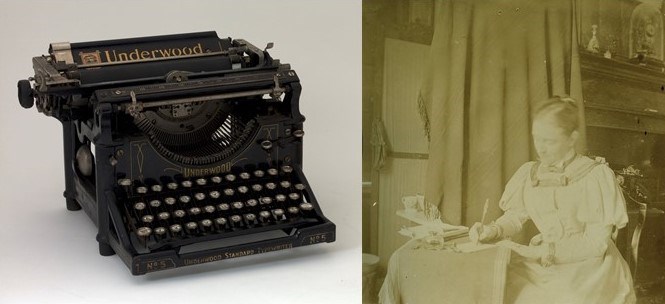 black and white photo of old typewriter and woman sitting at desk