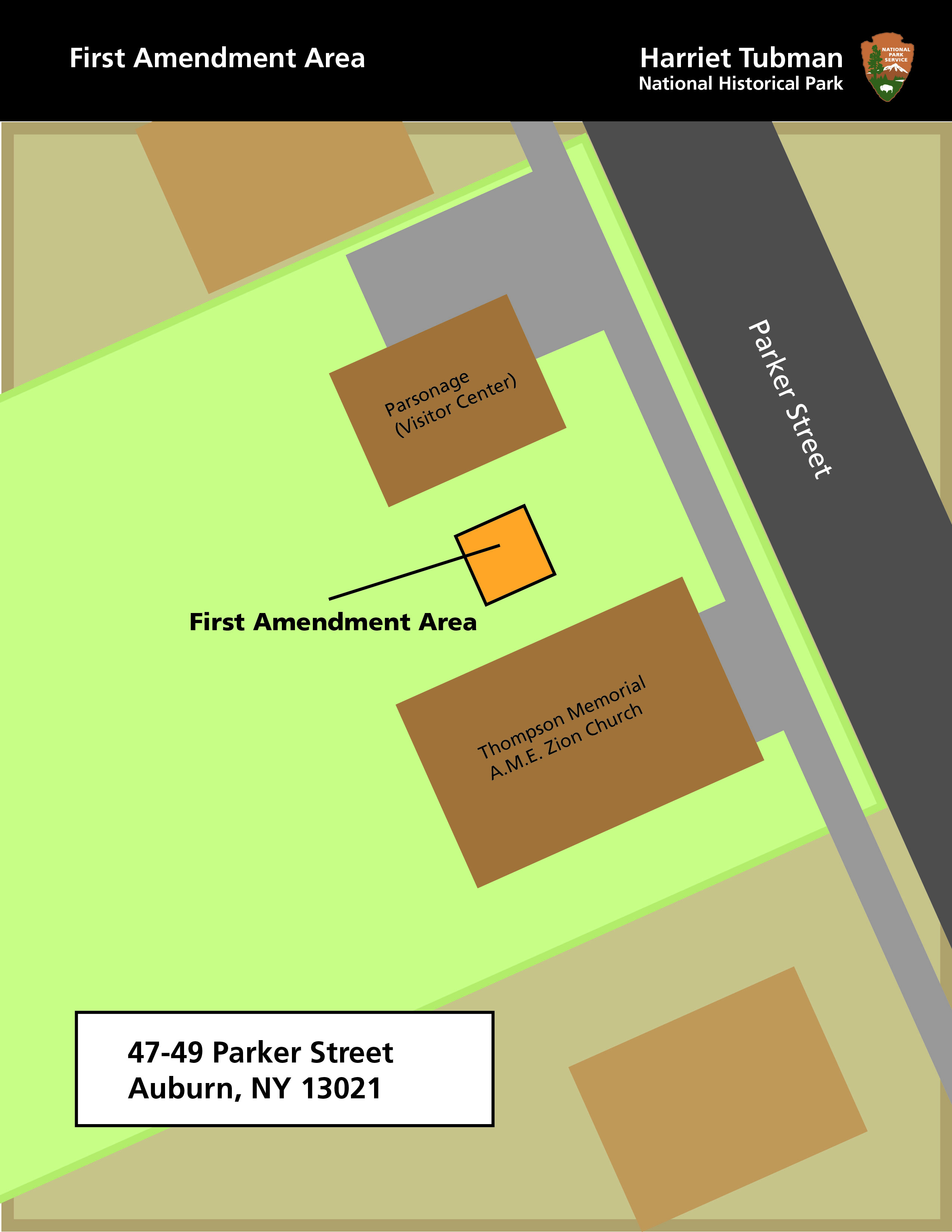 A map showing an area betwen the parsonage and Thompson church for First Amendment activities.