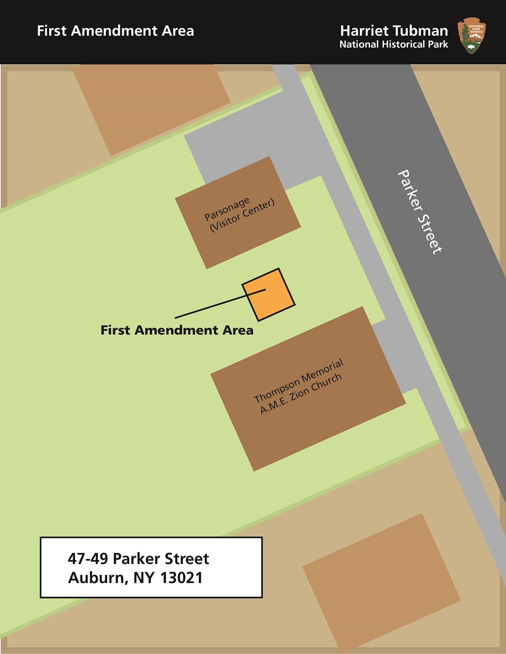 A map showing an area betwen the parsonage and Thompson church for First Amendment activities.