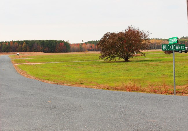 Intersection of roads in foreground with fall colored trees behind. Signpost for roads at right reads: "Bucktown Road and Greenbriar Road"