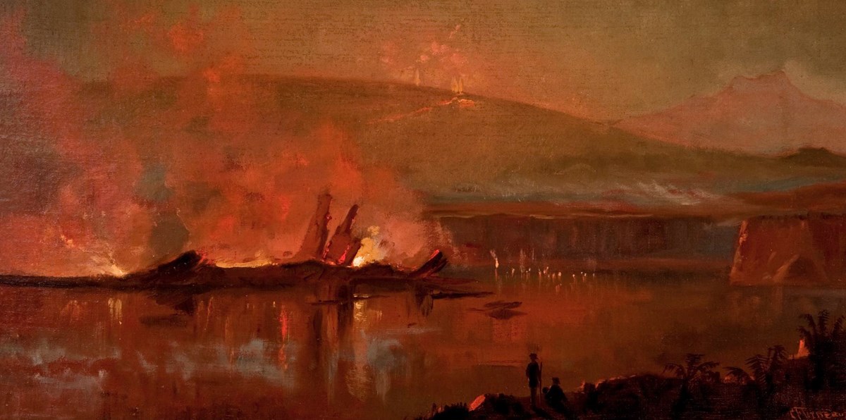 Painting of an erupting volcanic caldera with a larger erupting volcano in the distance