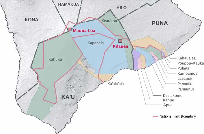 HAVO Ahupuaʻa Map Map showing the division of Hawaiʻi Volcanoes National Park into districts and ahupuaʻa