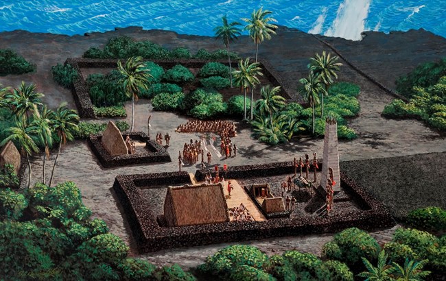 Painting showing Wahaula Heiau from above