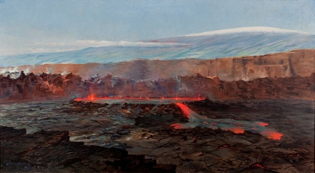 Painting of an erupting volcanic caldera with a snow-covered mountain in the background