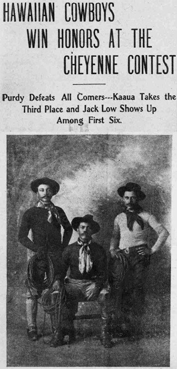 Newspaper article featuring three Hawaiian Paniolo with headline "Hawaiian Cowboys Take Honors at The Cheyenne Contest"