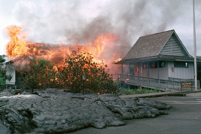 A visitor center on fire
