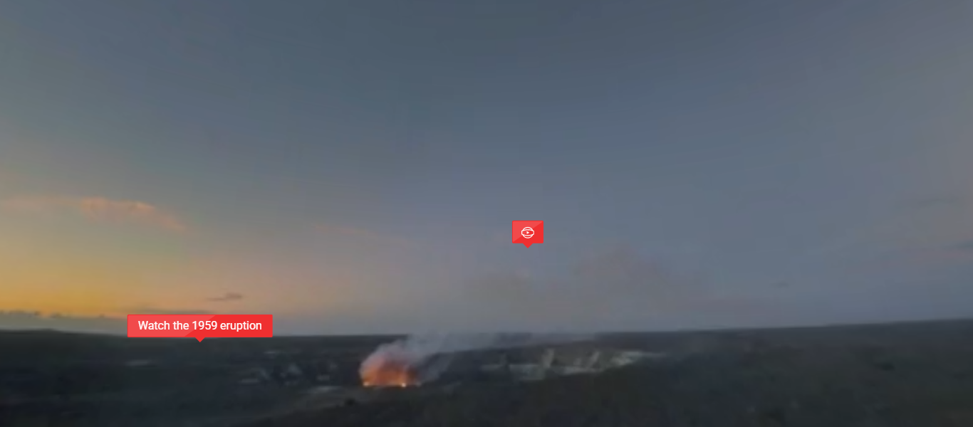 Screen capture from a virtual tour of a volcanic caldera with red buttons