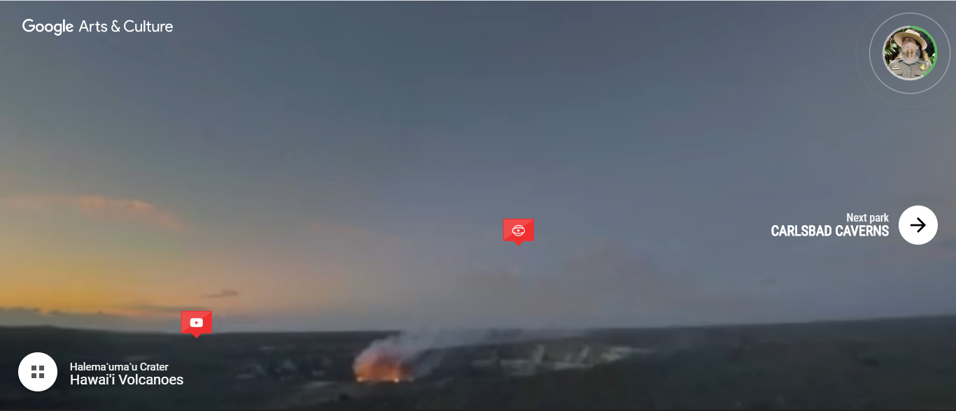 Screen capture from virtual tour of an erupting volcanic caldera