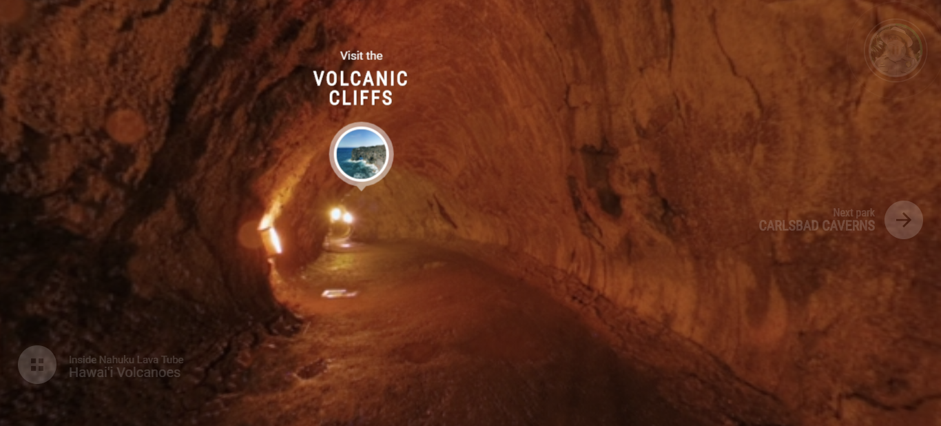 Interior of a lava tube lit by orange lights