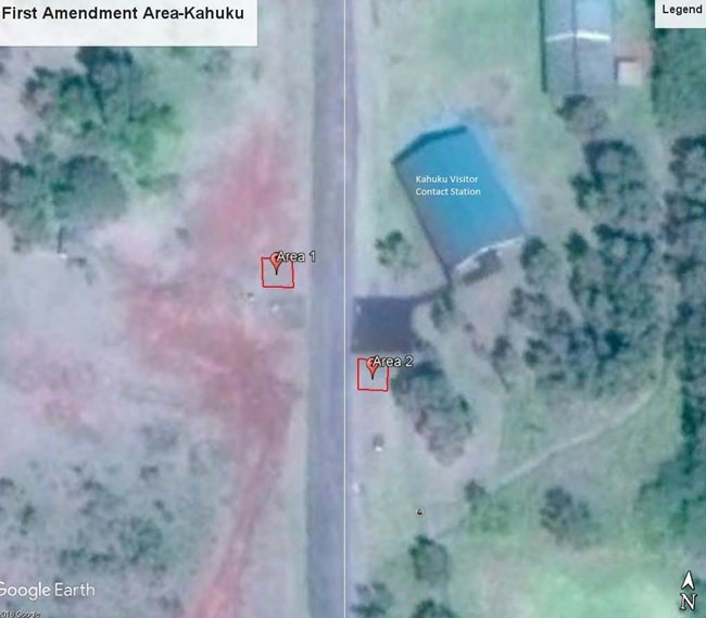 Satellite image showing two First Amendment Right Areas located in a grassy area near the Kahuku Contact Station.