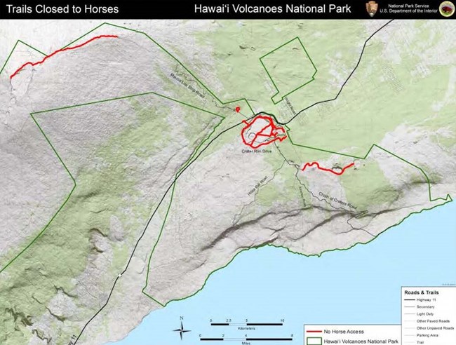 A map showing closed areas in the park to horse use.