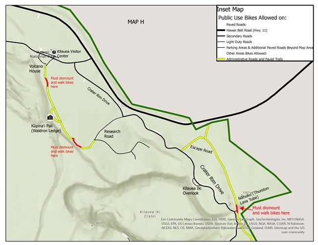 Map showing bike regulations along Crater Rim Trail.
