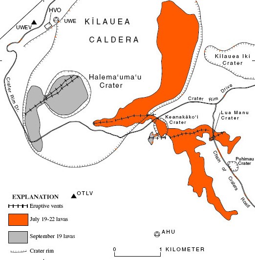 Map detailing the location of the July 1974 eruption at the summit of Kīlauea