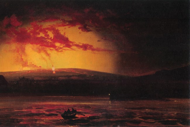 Painting of an erupting volcano with people in a boat on the ocean in the foreground