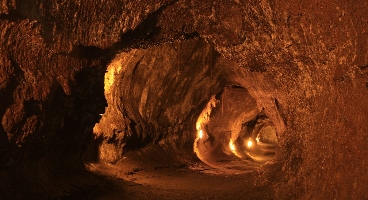 A lava tube lit by electric lights