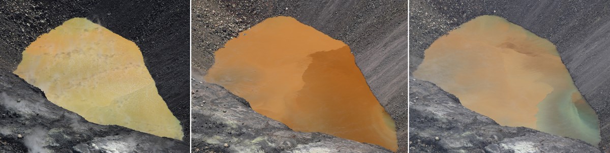 Triptych of a volcanic lake being different colors of brown and green