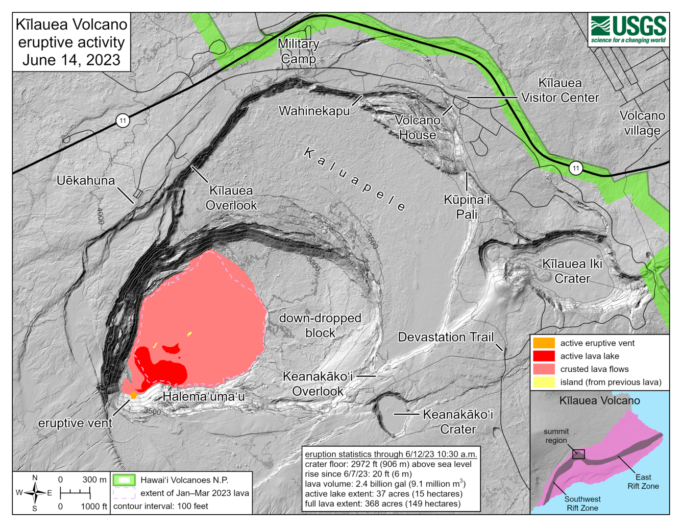 Reference map showing lava filling the interior of a volcanic crater.