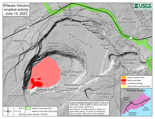 Reference map showing lava filling the interior of a volcanic crater.
