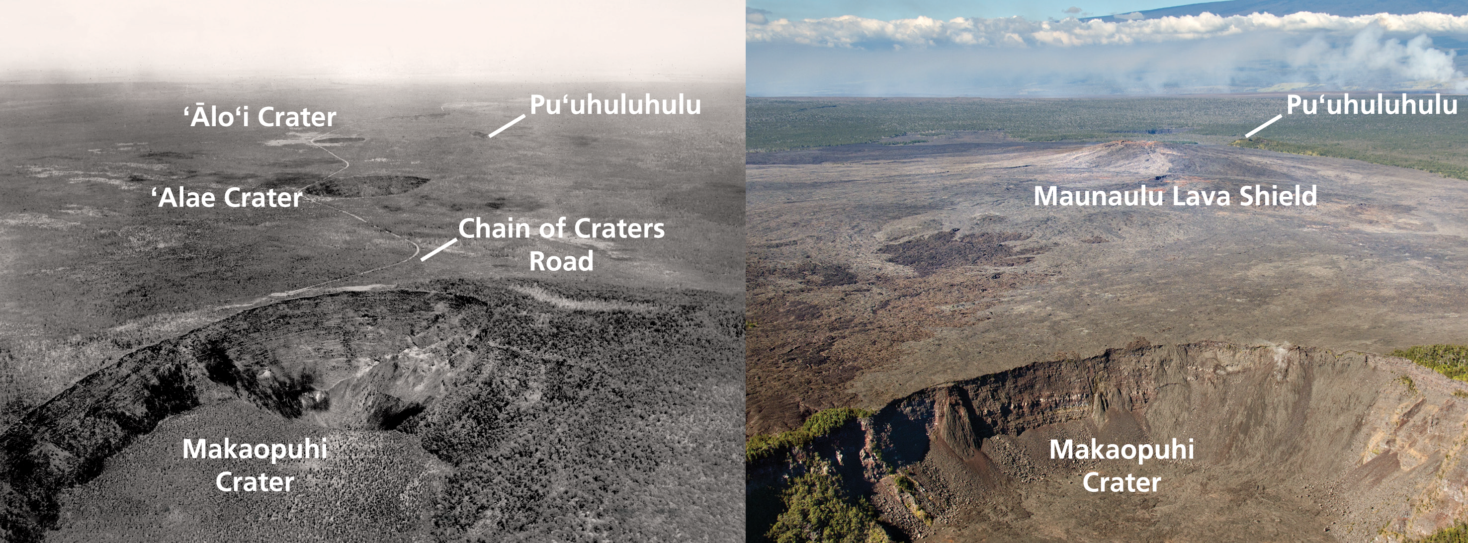 Side-by-side aerial photographs showing the change to a landscape after a volcanic eruption. Lava flows have removed two craters and a road