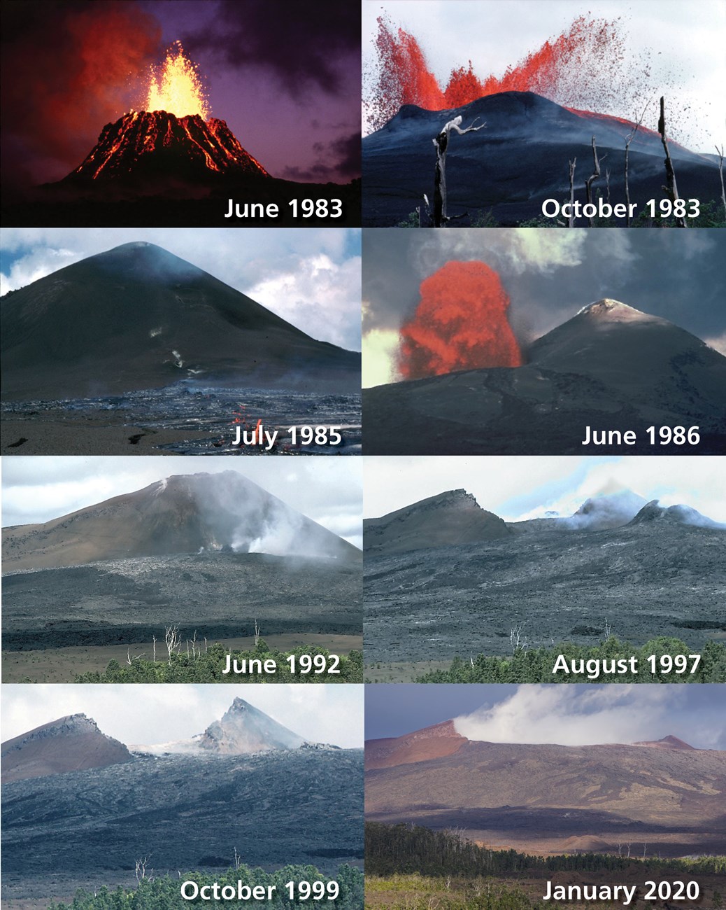 A collection of six photos showing changes in a lava shield over time