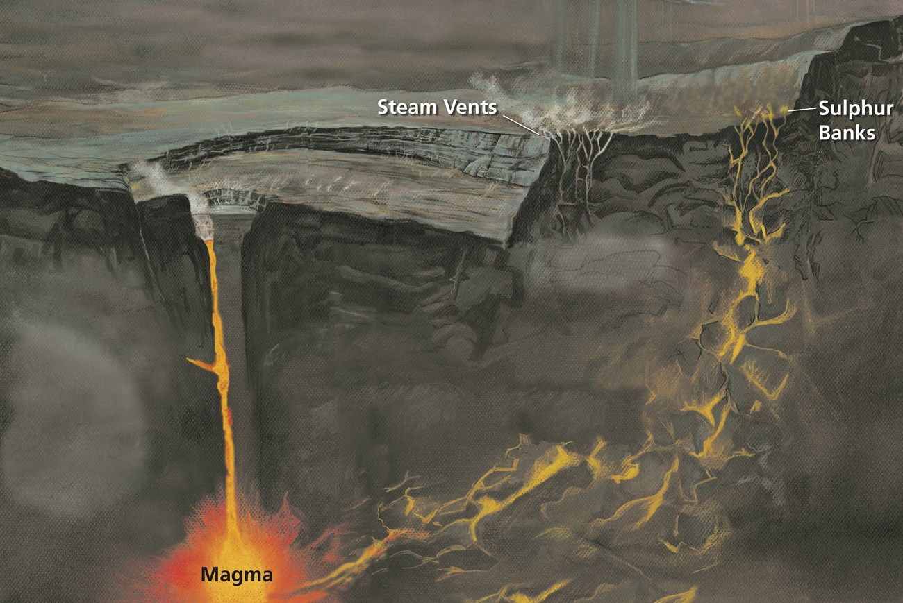 Illustration showing cracks in the crust of the earth and fumes rising