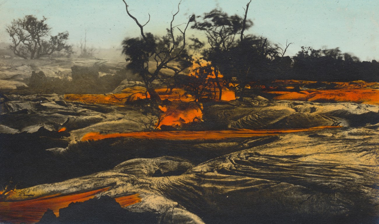Hand-colored image of lava moving through a landscape with trees