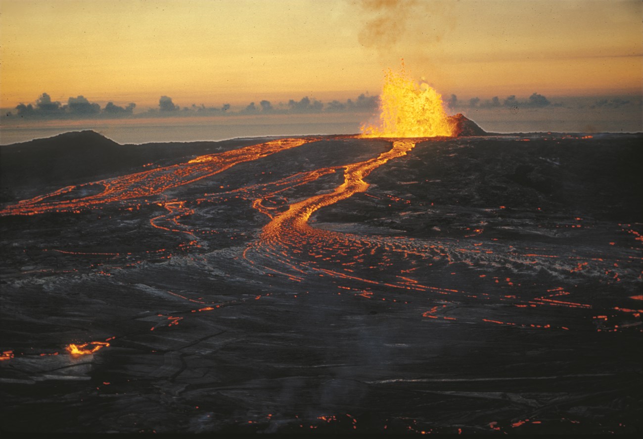 Aerial view of erupting lava shield
