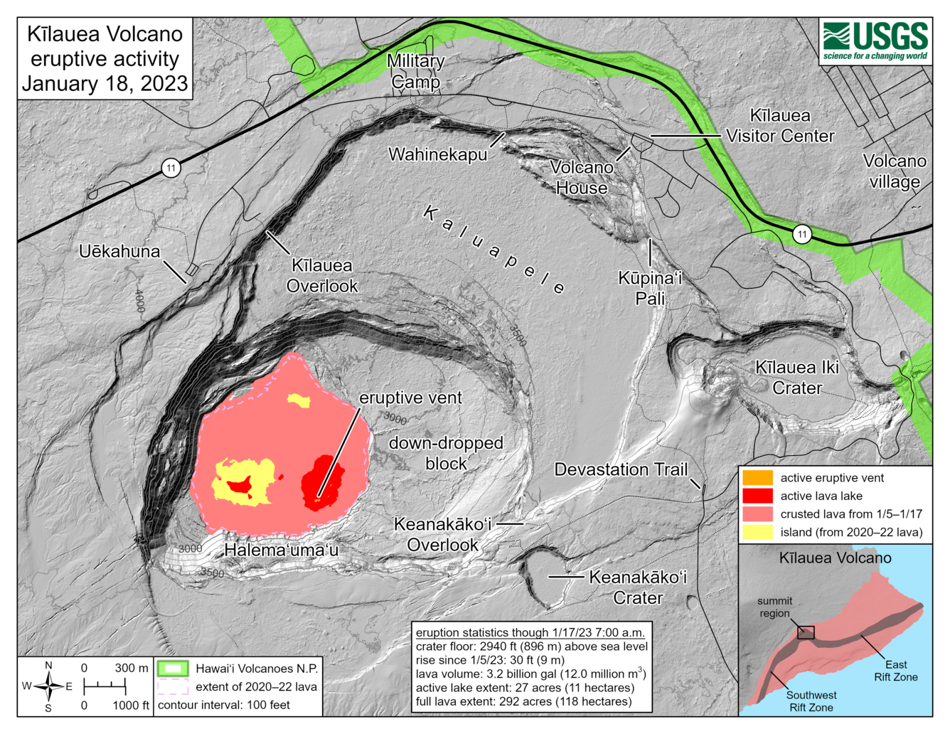 Map dated January 18, 2023 showing the size of the active and non active portions of the lava lake.