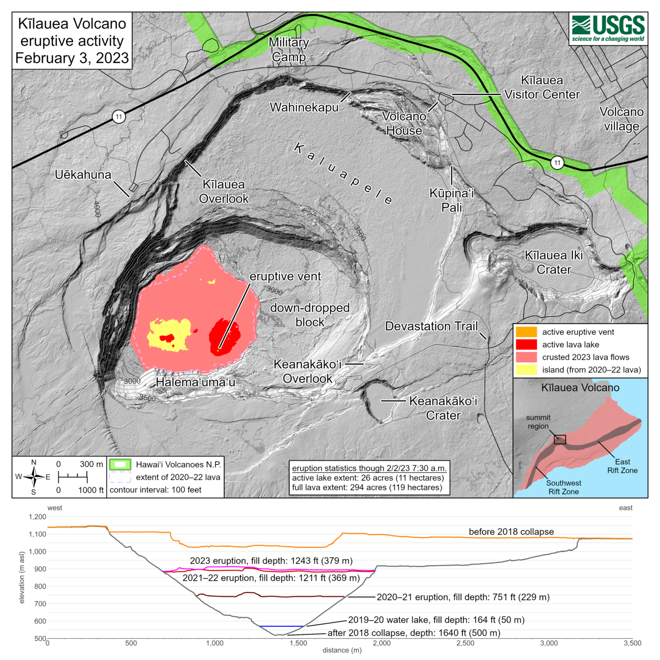 Map dated February 3, 2023 showing the size of the active and non active portions of the lava lake. Diagram on bottom showing how lava filled Halema'uma'u crater from 2018 to 2023.