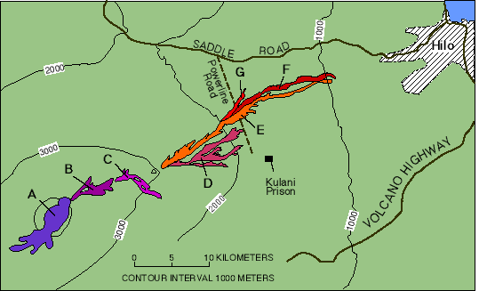 Map showing lava flows from 1984 eruption of Mauna Loa