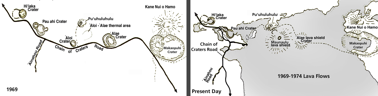 Grayscale animated map of the area around Maunaulu, before and after the 1969-1974 eruption