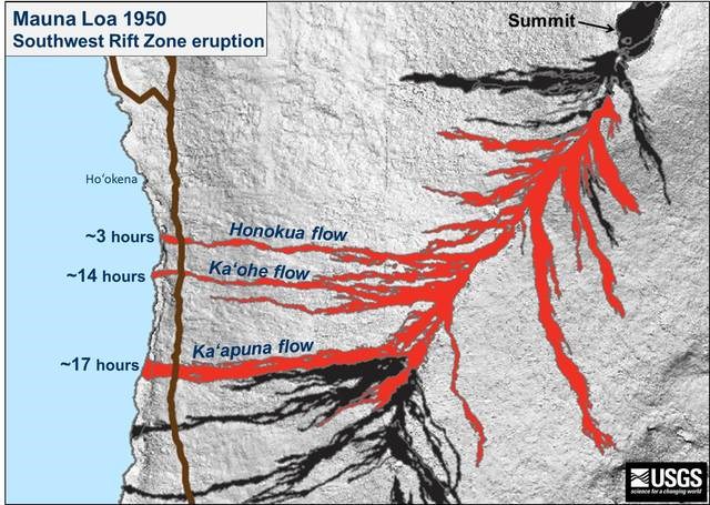 Map showing flows from the 1950 eruption of Mauna Loa