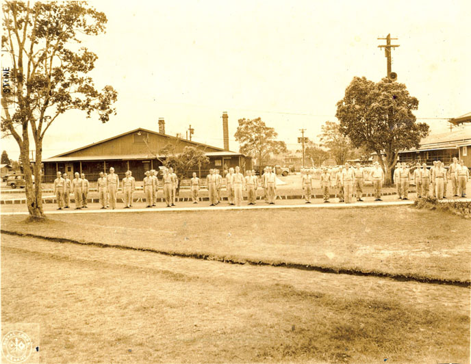 1940s ulding 34 Crater Rim Cafe Lava Lounge & Post Office in background- US Army Signal Corps Formation_688