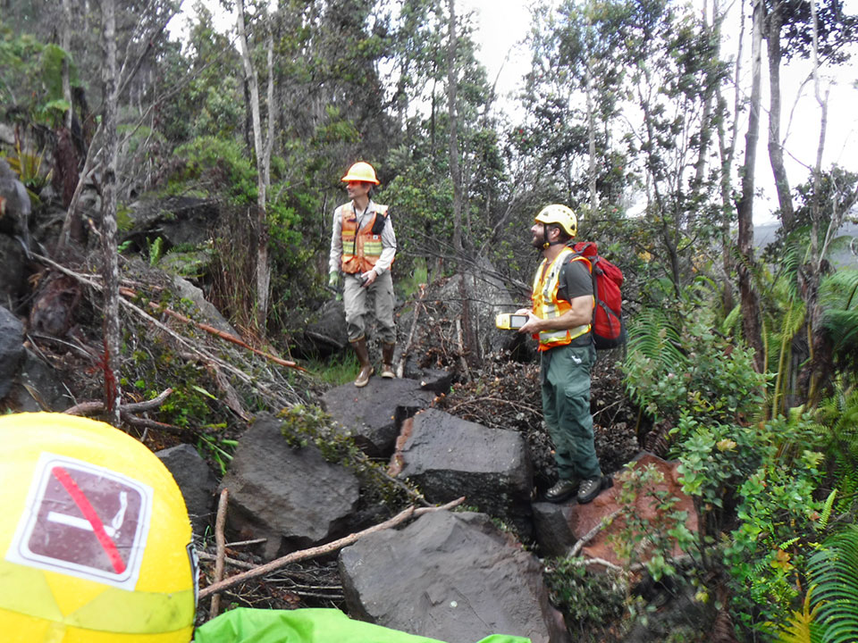 NPS Geomorphologists inspect rockfall on Byron Ledge Trail NPS Geomorphologists inspect rockfall on Byron Ledge Trail