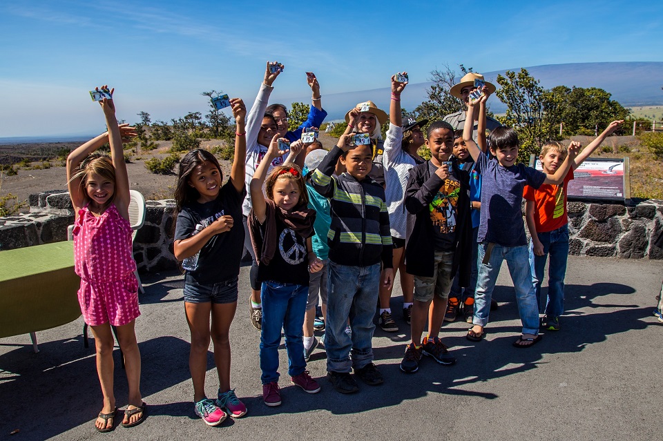 4th graders show off their Every Kid in a Park Passes 4th graders at Hawaii Volcanoes NP