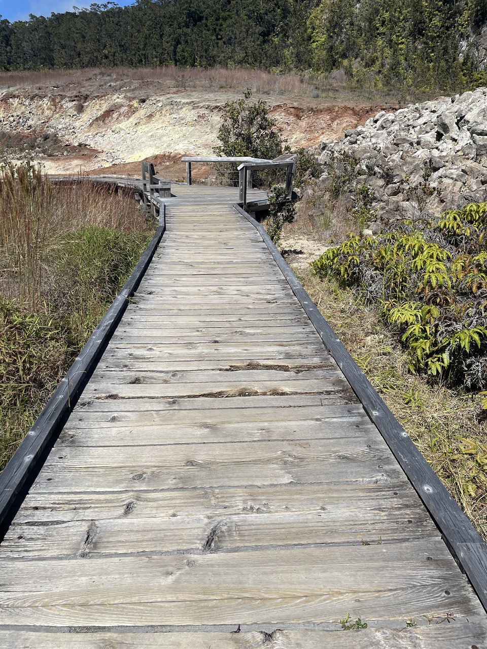 960-HAVO_20241018_Degraded-boardwalk-1_J.Ferracane A degraded wooden boardwalk alongside rocks and low cliffs colored yellow and clay by volcanic gas