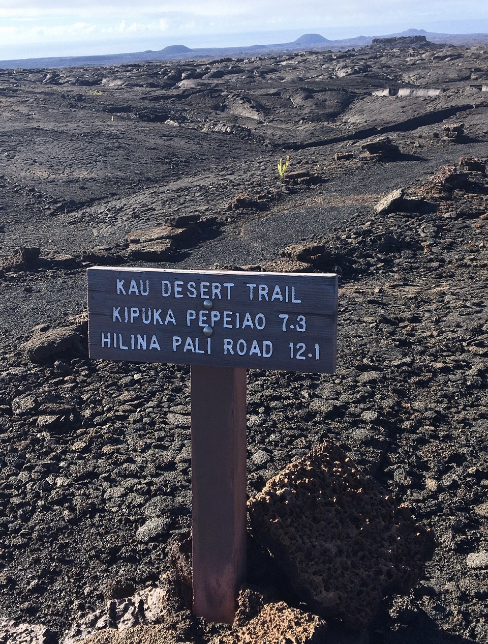 960-HAVo_202101_Ka'u Desert Trail SW sign_J.Ferracane A trail sign in a rocky barren volcanic landscape