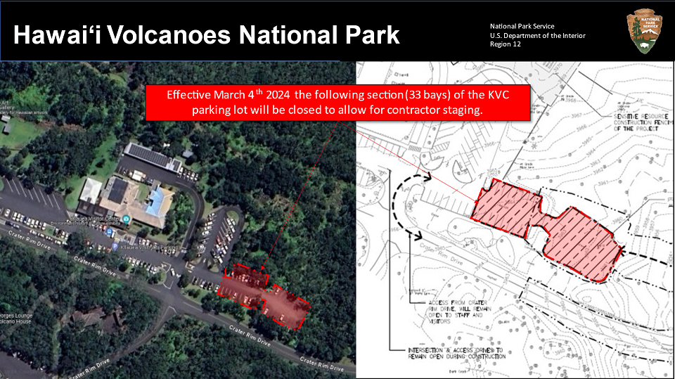 960-Map KVC parking Aerial map showing 33 parking spots outlined in red that are unavailable due to construction