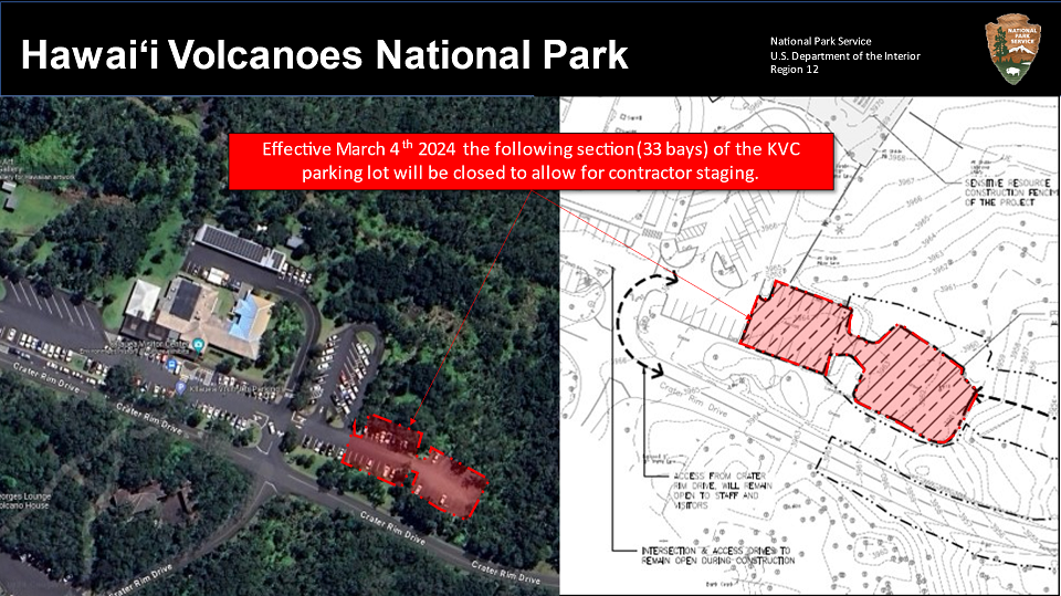 Aerial map showing 33 parking spots outlined in red that are unavailable due to construction