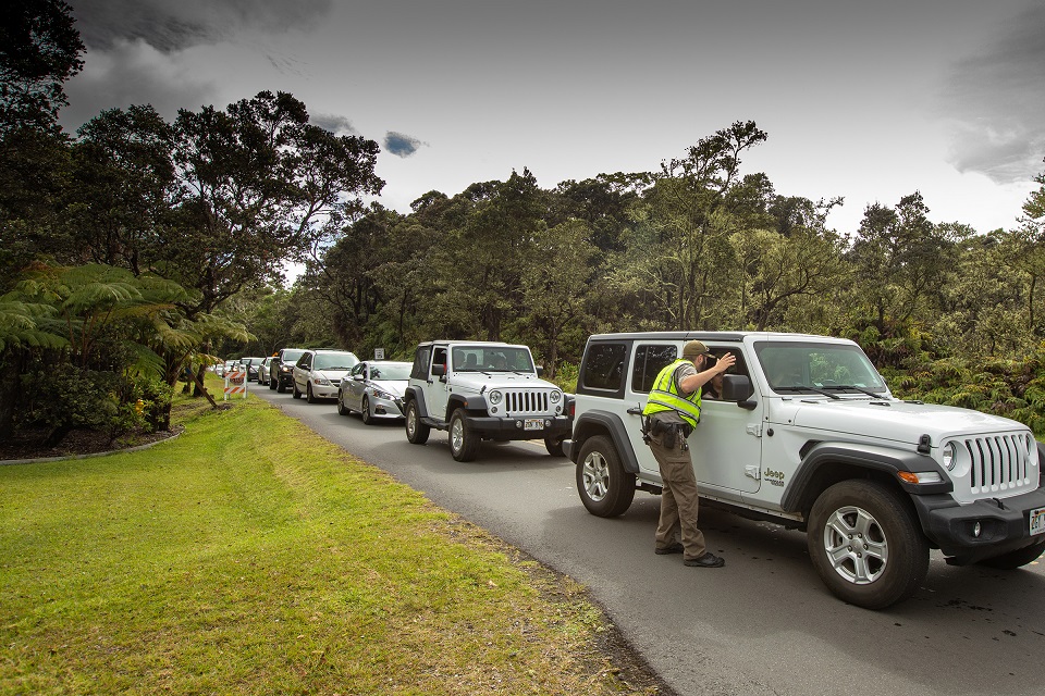 A park ranger leans into a passenger window in a vehicle stopped in a long line of vehicles