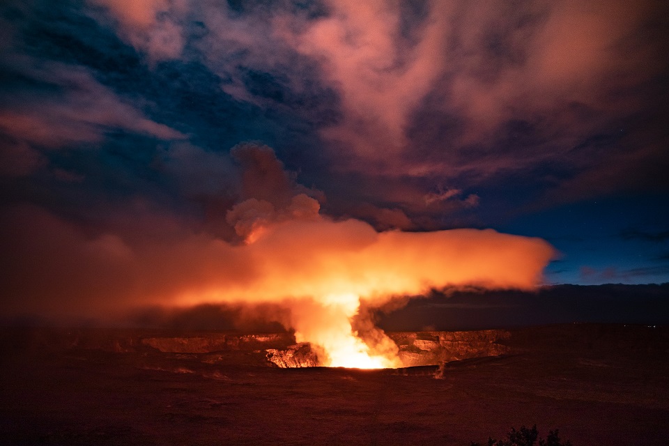 View from Waldron Ledge Orange plume arising from erupting volcanic crater