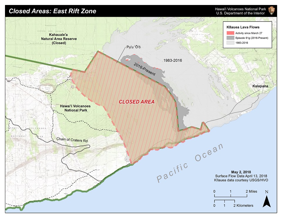 Map showing closure in the volcano's east rift zone