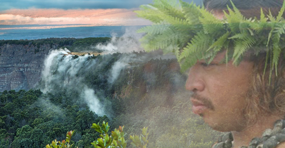 960_Kanaka maoli graphic art_NPS Photo art The face of a Hawaiian man looks out across a verdant steaming volcanic cliff