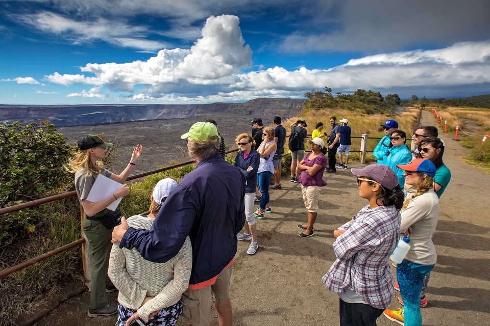 Park Ranger Olivia gives the Life on the Edge talk on Kīlauea Volcano A ranger talks to visitors on the rim of Kīlauea Volcano