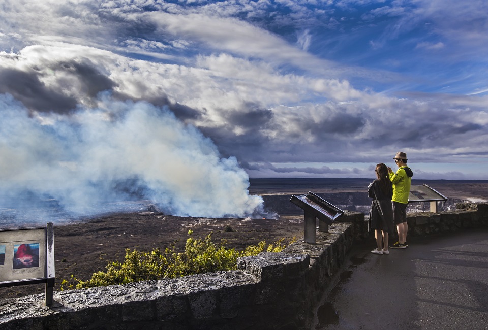 Visitors observe Kīlauea summit lava lake last month from the Jaggar Museum observation deck, open 24 hours a day in Hawai‘i Volcanoes National Park Visitors look at Halema‘uma‘u Crater