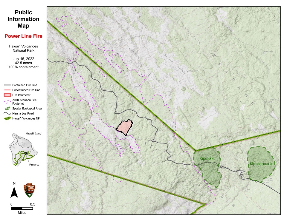 image of a public information map of a wildfire showing 100% containment marked by a black box on a topographic surface