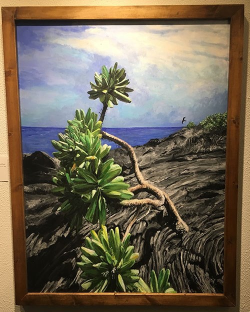 Artist and Hawai‘i Volcanoes National Park Ranger Diana Miller's painting, "Lava Comes to Life on the Coastal Plain" is on display at the Hawai‘i Nei Art Exhibit