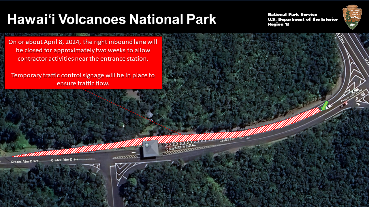 Satellite map showing right lane closure at the park entrance station.